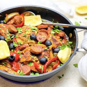 Photograph of Basque Style Chicken with Chorizo and Olives