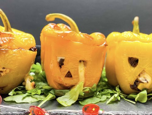 Photograph of Chilli, Rice and Cheese Stuffed Peppers - a perfect Halloween Supper