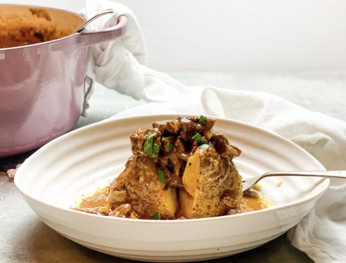 Photograph of Marijke's Beef Casserole and Jacket Potatoes