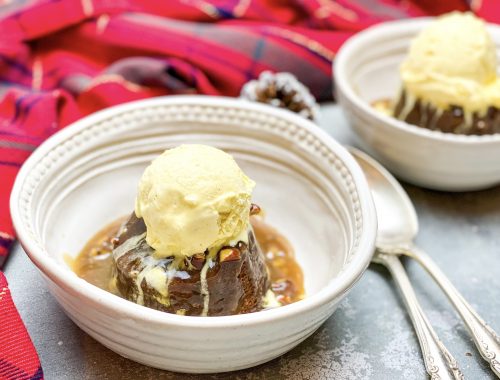 Photograph of Christmas Sticky Toffee Pudding with Salted Caramel Sauce