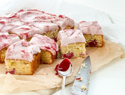 Photograph of Vanilla Slice with Fresh Raspberries and a Raspberry Mascarpone Frosting