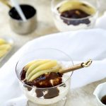 Posh Rice Pudding with Salted Caramel Sauce, Poached Pears and Vanilla Syrup