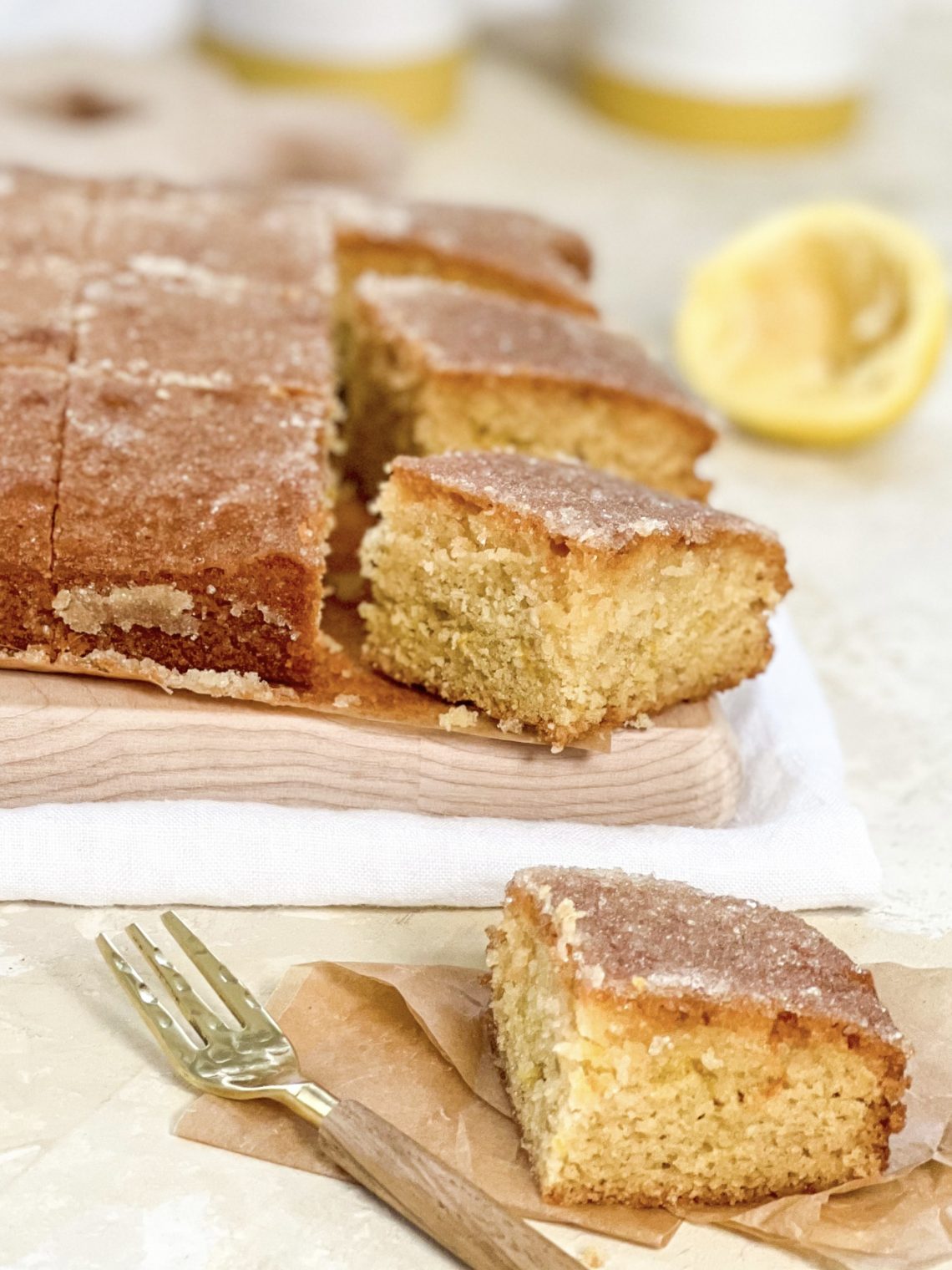 Photograph of Lemon Drizzle Slice with a Crunchy Sugary Top