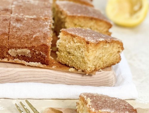 Photograph of Lemon Drizzle Slice with a Crunchy Sugary Top