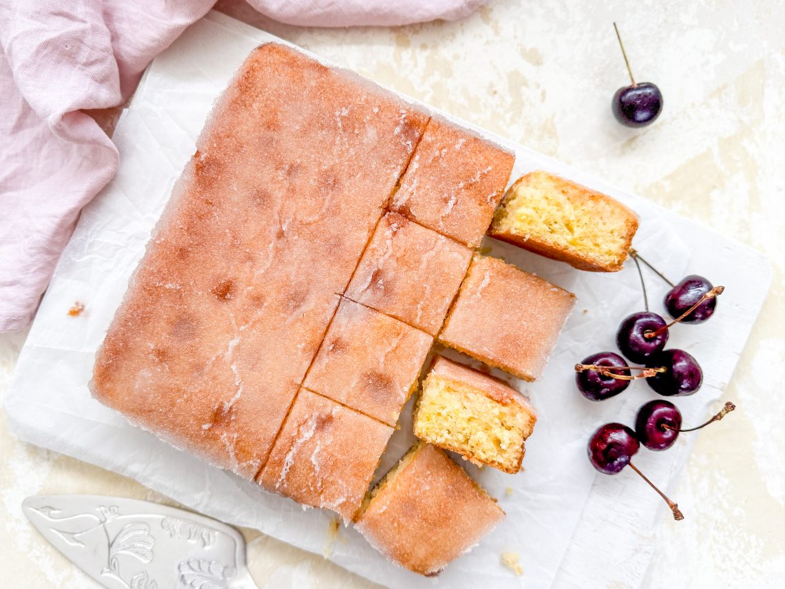 Photograph of Aunty Mai's Lemon Drizzle Slice with a Crunchy Sugary Top