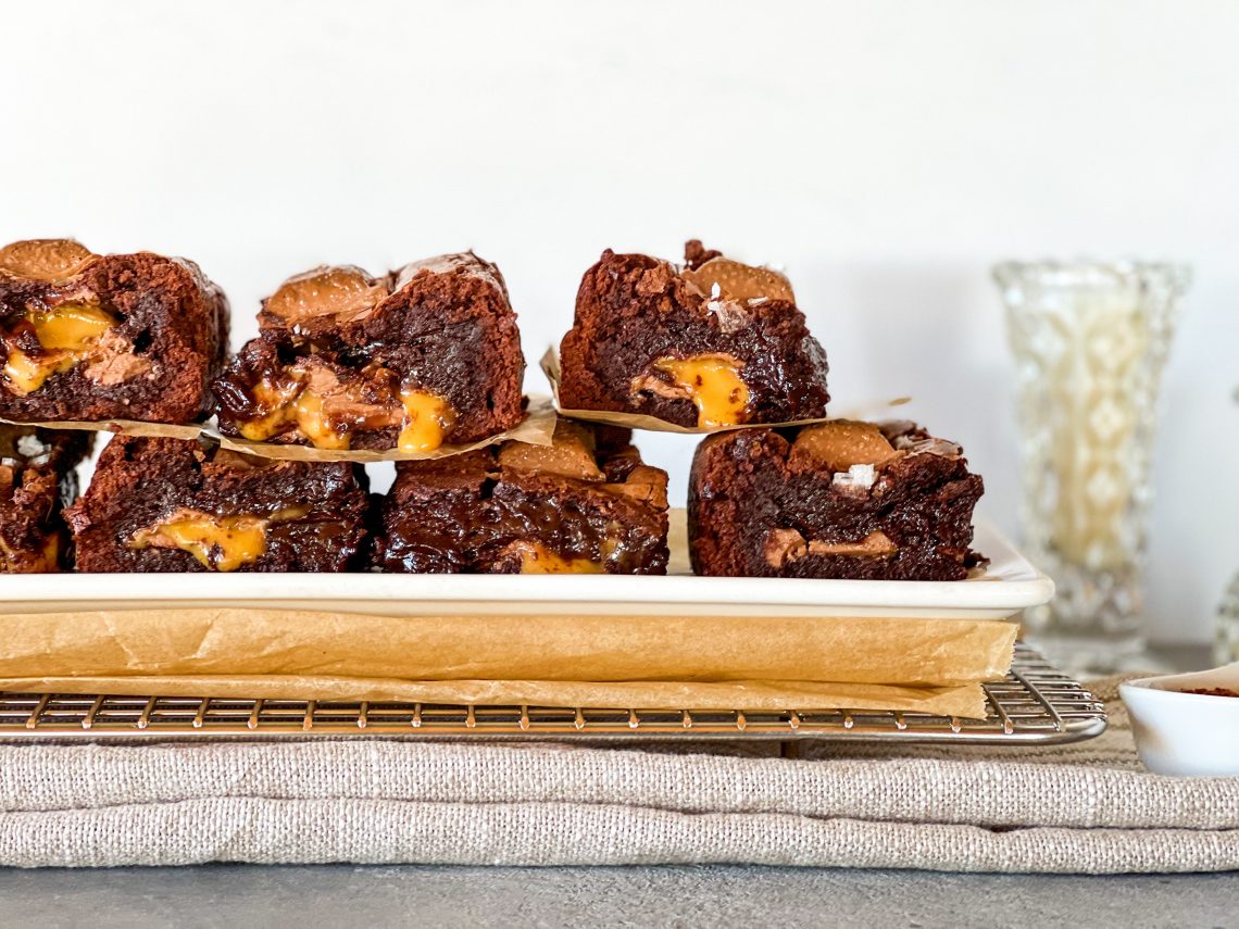 Photograph of Chocolate Brownies with Caramel Squares and Sea Salt