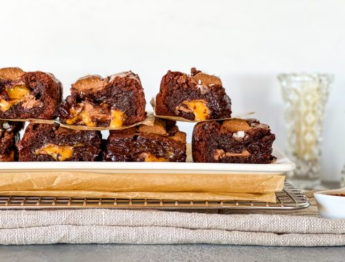 Photograph of Chocolate Brownies with Caramel Squares and Sea Salt