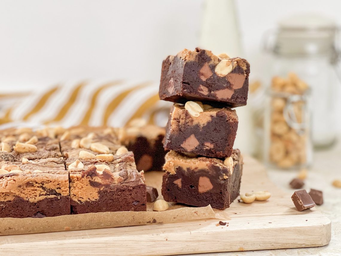 Photograph of Chocolate Chunk Peanut Butter Brownies with Salted Peanuts