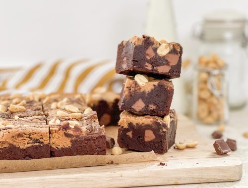 Photograph of Chocolate Chunk Peanut Butter Brownies with Salted Peanuts