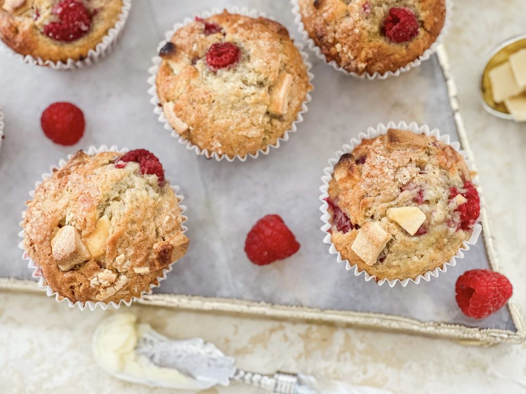 Photograph of Raspberry, White Chocolate and Banana Muffins