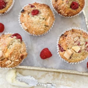 Photograph of Raspberry, White Chocolate and Banana Muffins