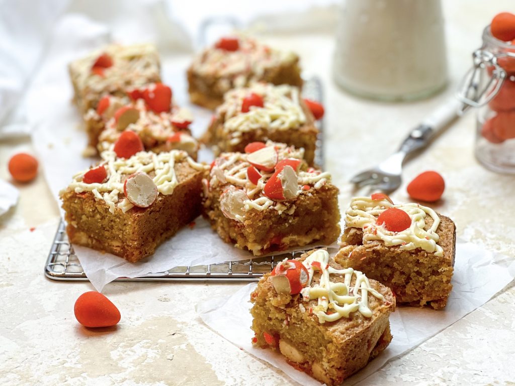 Photograph of Orange and Almond Blondies with White Chocolate Orange Mini Easter Eggs