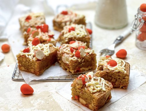 Photograph of Orange and Almond Blondies with White Chocolate Orange Mini Easter Eggs