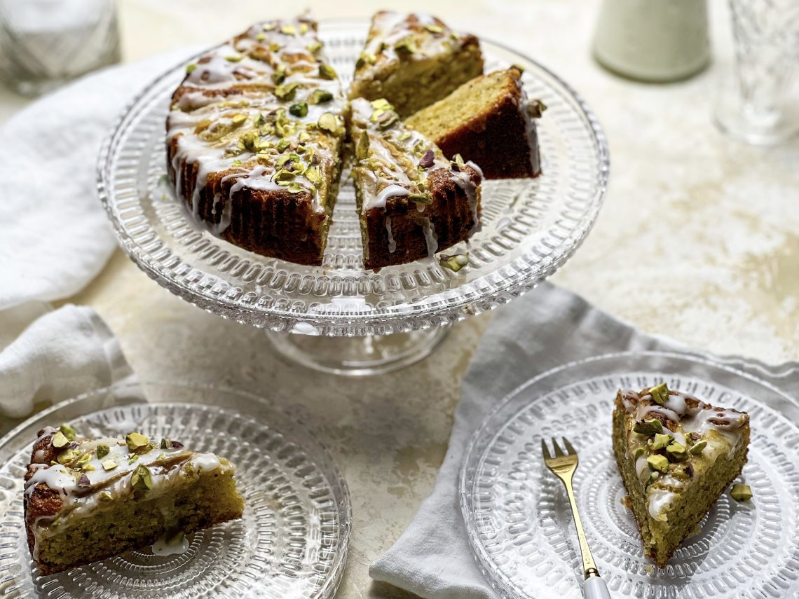 Photograph of Almond and Pistachio Cake with Pears, Lemon and Cardamom