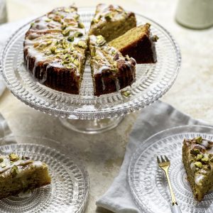 Photograph of Almond and Pistachio Cake with Pears, Lemon and Cardamom