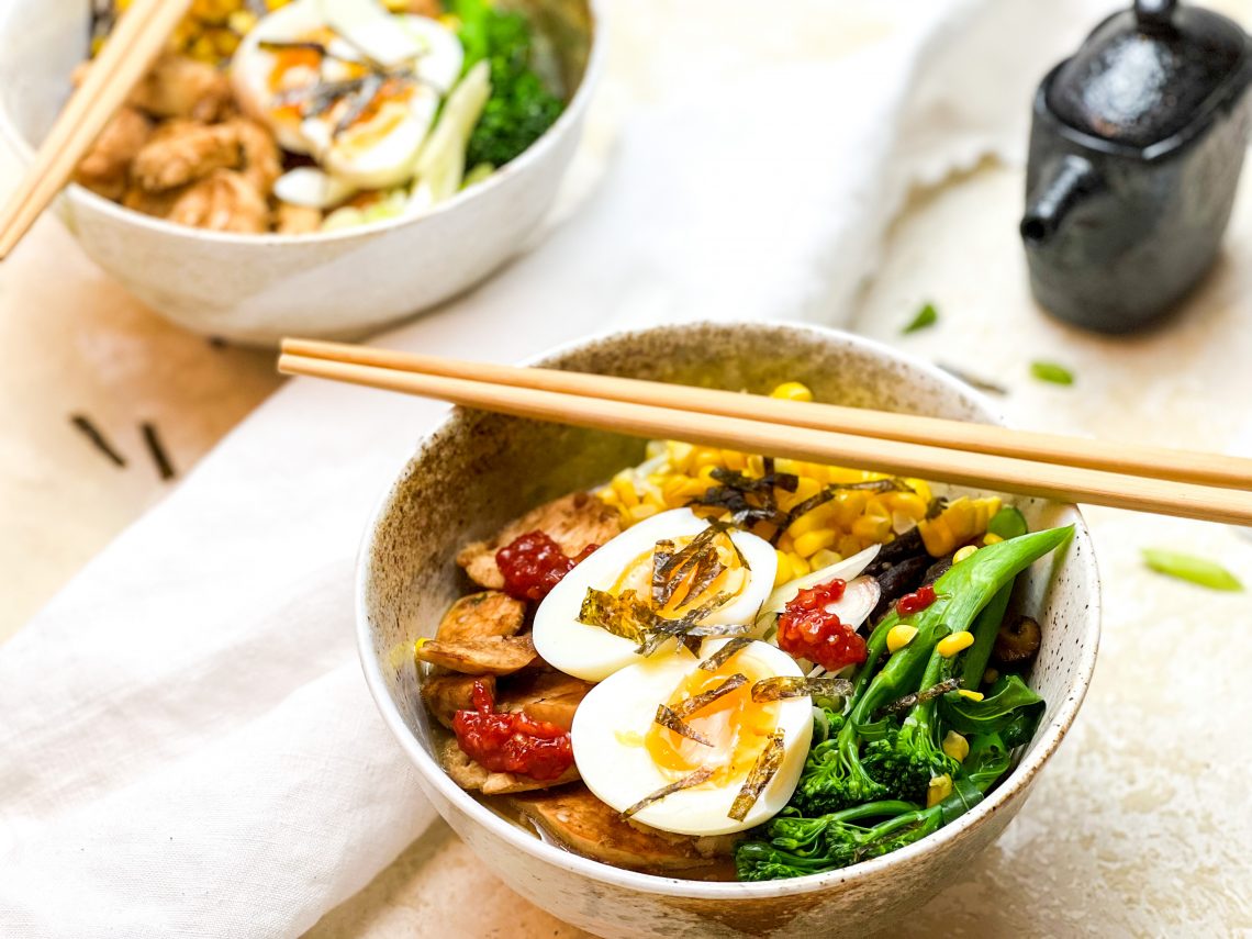Photograph of Miso Ramen with Ginger Chicken, Mushrooms, Sweetcorn, Broccoli and Soft Boiled Eggs