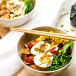 Miso Ramen with Ginger Chicken, Mushrooms, Sweetcorn, Broccoli and Soft Boiled Eggs