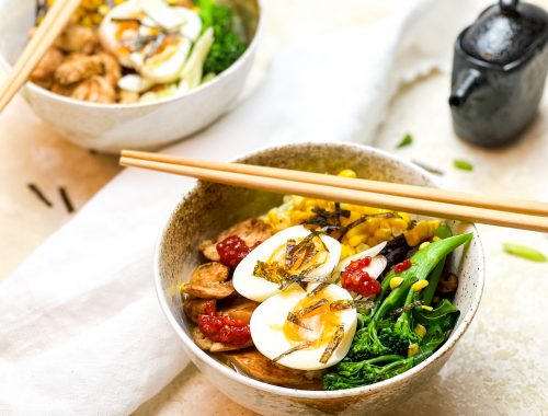 Photograph of Miso Ramen with Ginger Chicken, Mushrooms, Sweetcorn, Broccoli and Soft Boiled Eggs