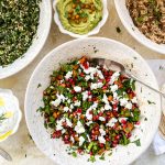 Warm Sweet Potato and Chickpea Salad with Feta Cheese, Fresh Herbs and Pomegranate