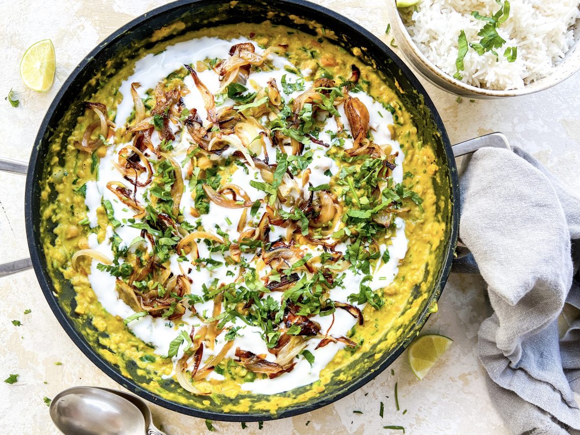 Photograph of Chickpea and Red Lentil Curry with Fresh Spinach and Coriander