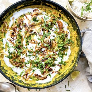 Photograph of Chickpea and Red Lentil Curry with Fresh Spinach and Coriander