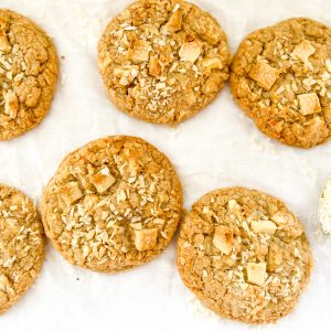Photograph of Toasted Coconut and Brown Butter Cookies with White Chocolate Chips