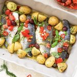 Sea Bass Salmoriglio with Tomato and Black Olive Salsa