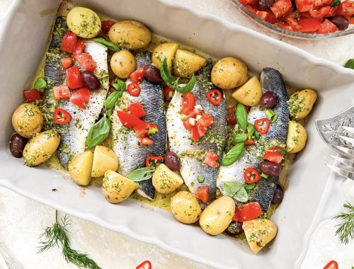 Photograph of Sea Bass Salmoriglio with Tomato and Black Olive Salsa