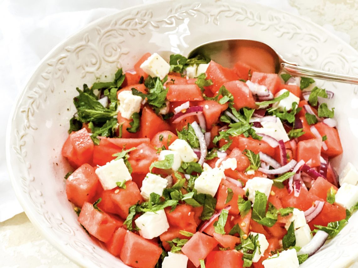 Photograph of Watermelon and Feta Salad with Red Onion, Mint and Lime