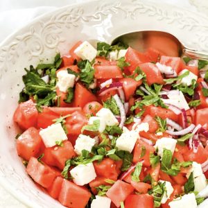 Photograph of Watermelon and Feta Salad with Red Onion, Mint and Lime