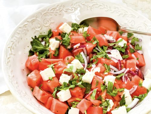 Photograph of Watermelon and Feta Salad with Red Onion, Mint and Lime