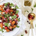 Roast Sweet Potato, Fresh Cherry and Goat’s Cheese Salad with Cranberries, Pecan Nuts and Pickled Red Onion