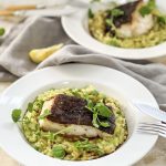 Oven-Baked Fillet of Cod with Green Pea and Horseradish Risotto, drizzled in a Nutty Brown Butter