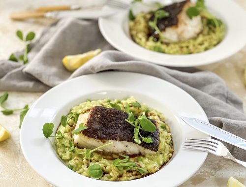 Photograph of Oven-Baked Fillet of Cod with Green Pea and Horseradish Risotto, drizzled in a Nutty Brown Butter