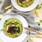 Photograph of Oven-Baked Fillet of Cod with Horseradish and Green Pea Risotto, drizzled in Nutty Brown Butter