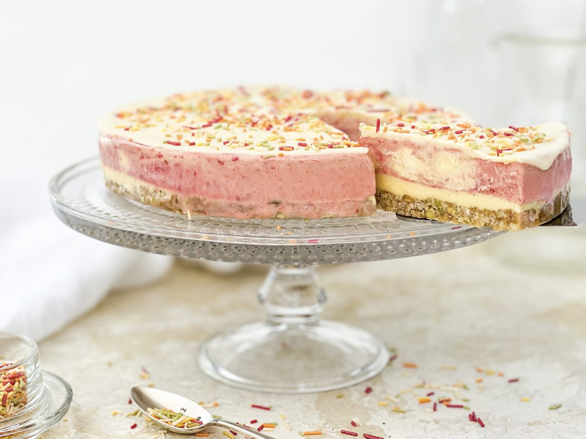 Photograph of Raspberry and Amaretto Ice Cream Cake with White Chocolate Topping