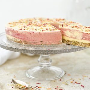 Photograph of Raspberry and Amaretto Ice Cream Cake with White Chocolate Topping