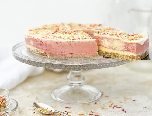 Photograph of Raspberry and Amaretto Ice Cream Cake with White Chocolate Topping