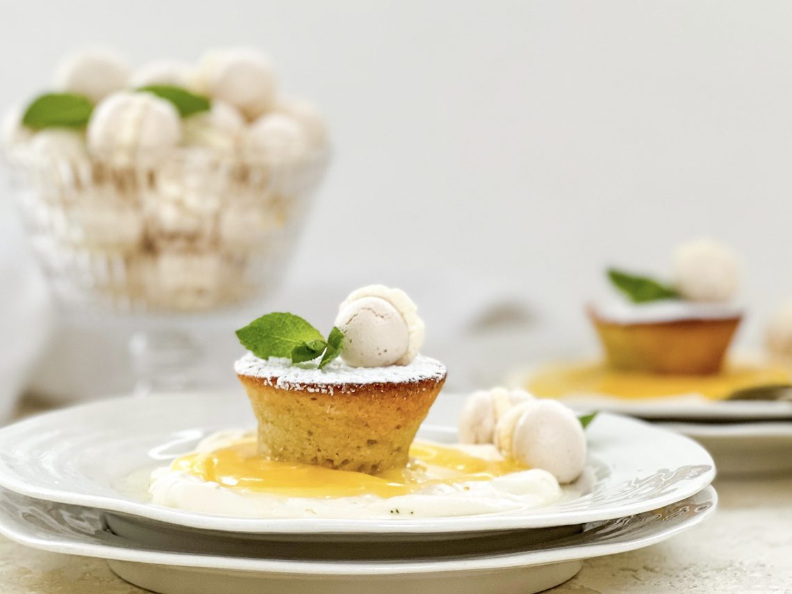 Photograph of Lemon Friands with Lemon Cream, Mini Meringues and Sweet Mint Lemon Syrup