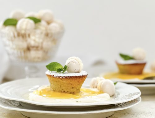 Photograph of Lemon Friands with Lemon Cream, Mini Meringues and Sweet Mint Lemon Syrup