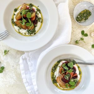 Photograph of Honey Roast Beetroot served with Whipped Goat’s Cheese, and a Lemon and Shallot Vinaigrette with Mint and Dill