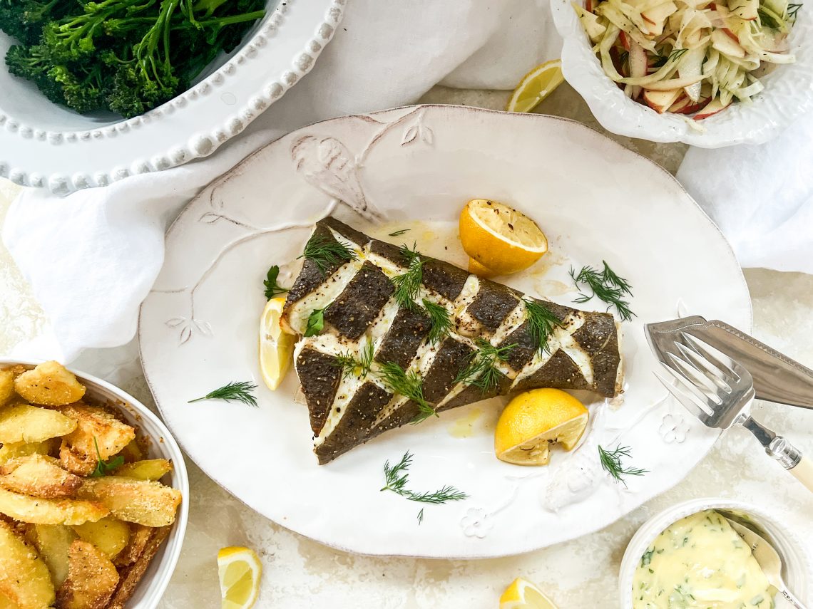 Photograph of Oven-Baked Halibut with Norwegian Butter Sauce/Sandefjordsmor