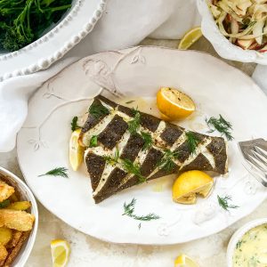 Photograph of Oven-Baked Halibut with Norwegian Butter Sauce/Sandefjordsmor