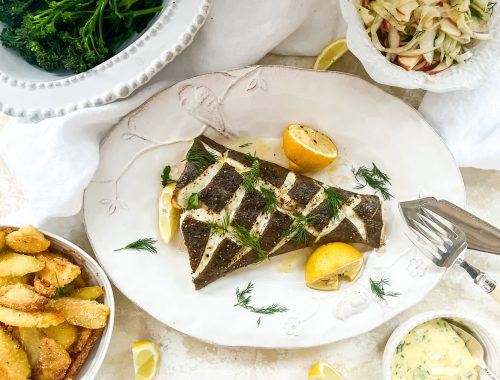 Photograph of Oven-Baked Halibut with Norwegian Butter Sauce/Sandefjordsmor