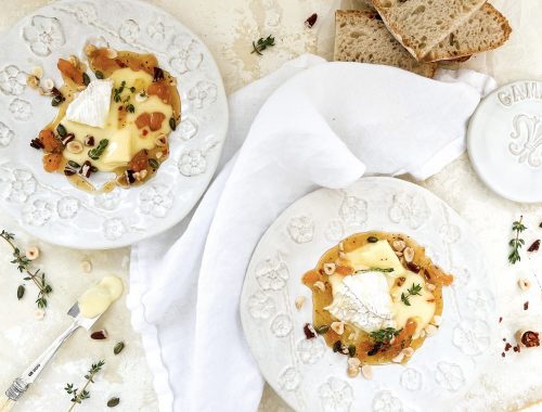 Photograph of Baked Camembert, Roast Pecans and Hazelnuts, Apricot, Chilli and Thyme Honey