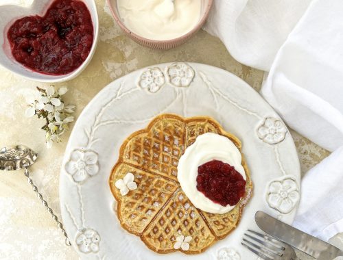 Photograph of Norwegian Waffles with Sour Cream and Lingonberry Jam