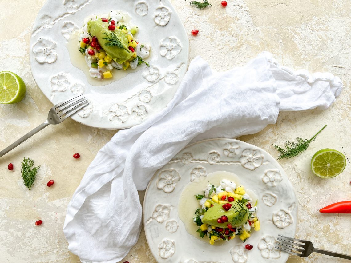 Photograph of Cod Ceviche with Mango and Chilli Salsa, Avocado and Lime Sorbet