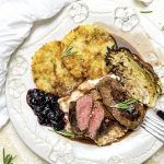 Pan-fried Venison Fillet, Red Wine Jus and Macerated Roast Blueberries.