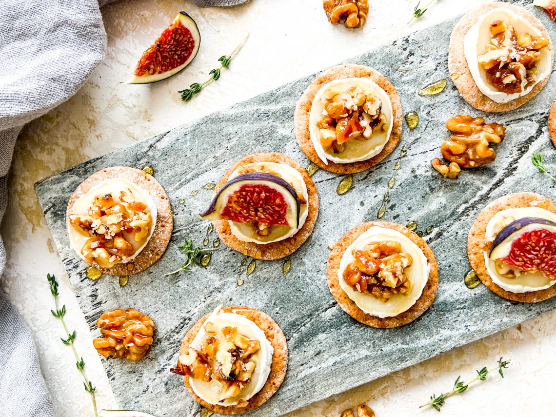 Photograph of Hot Goat’s Cheese Canapés with Fresh Figs and Chilli Spiked, Salted, Honeyed Walnuts