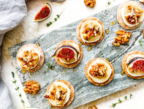 Photograph of Hot Goat’s Cheese Canapés with Fresh Figs and Chilli Spiked, Salted, Honeyed Walnuts